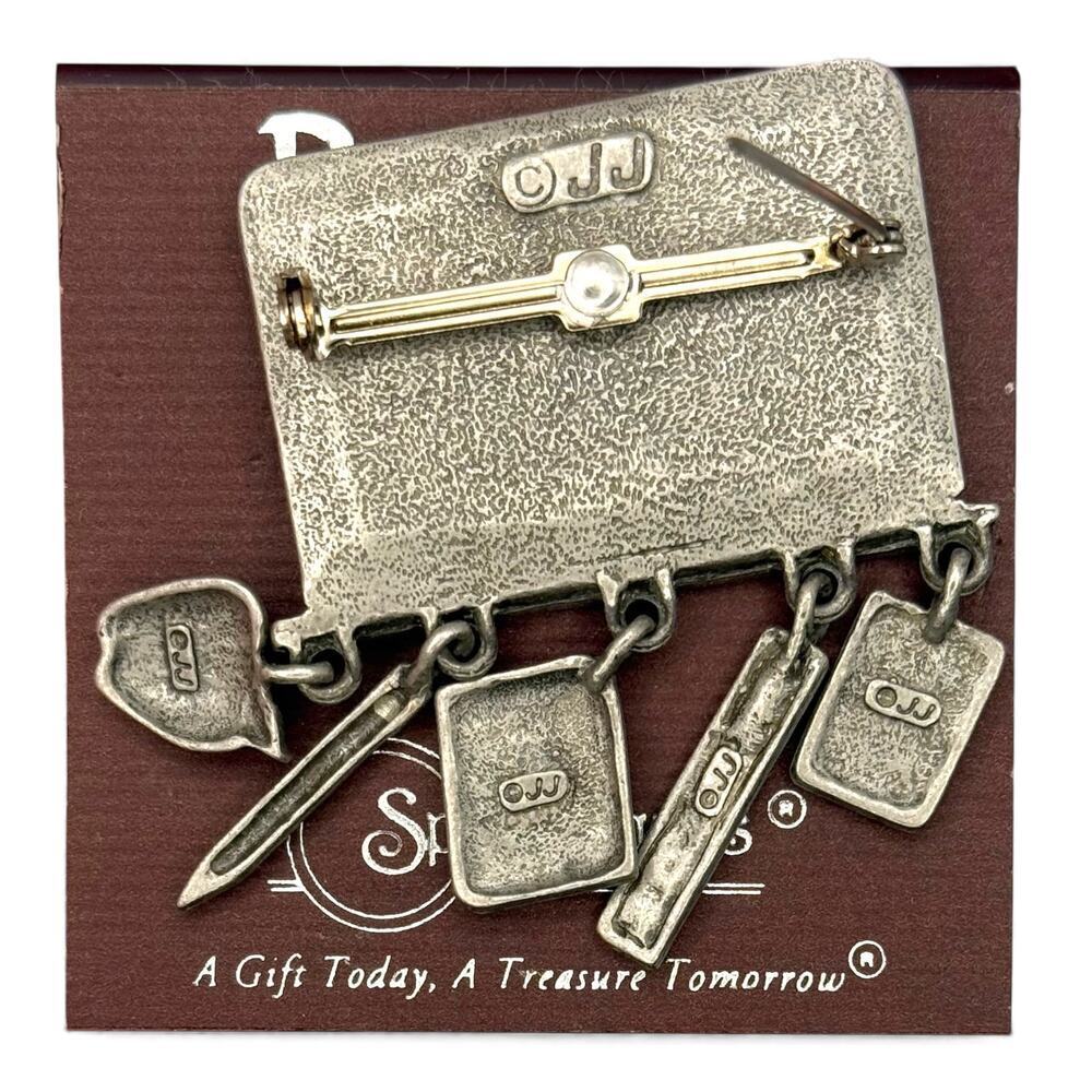 NOS Vintage Teacher JJ Spoontiques Brooch Pin Silver Tone Dangle Charm Math Book - Picture 2 of 4